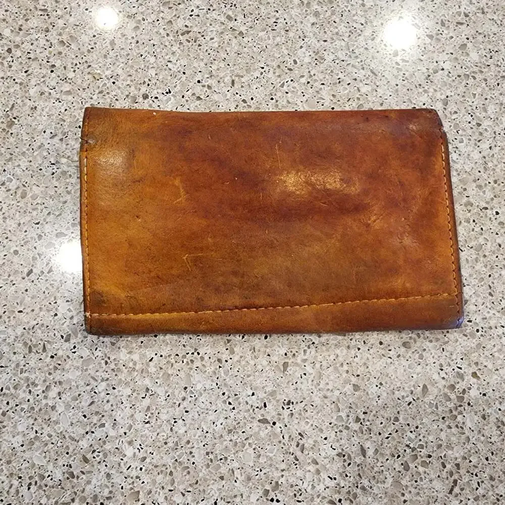 Vintage Hand-Stitched Distressed Brown Leather Folding Clutch Wallet